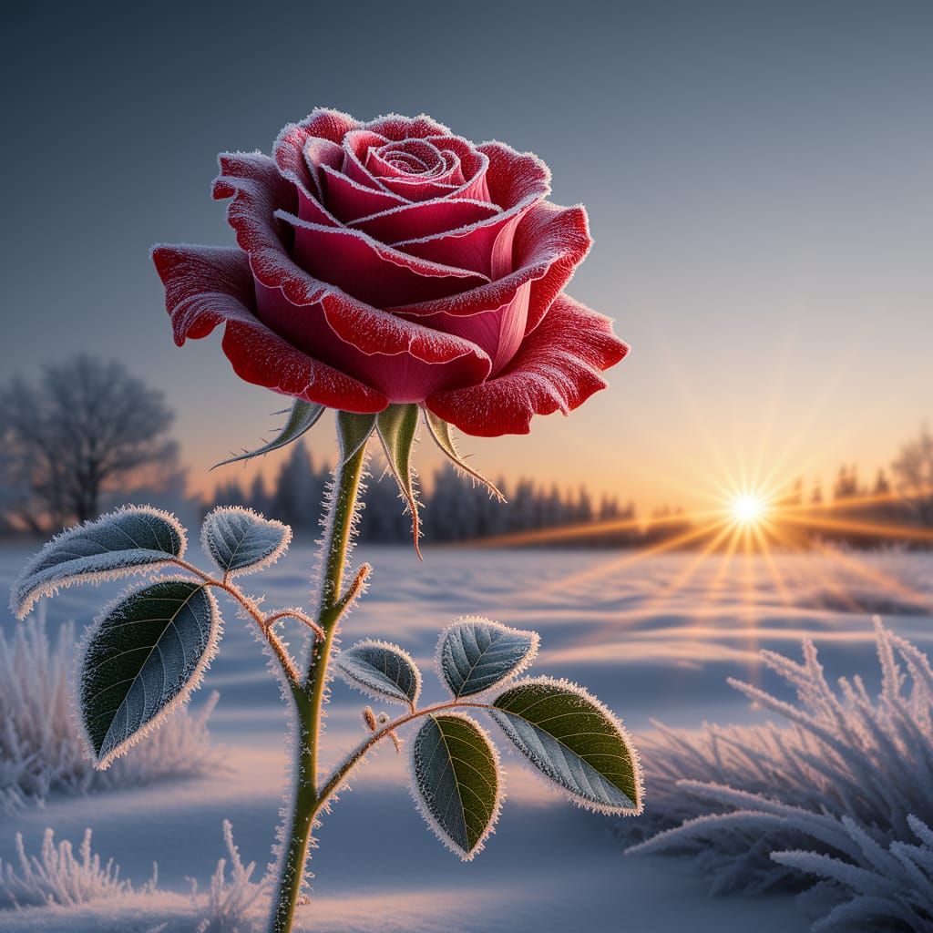 Crimson Rose Emerges from Frosty Dawn Landscape