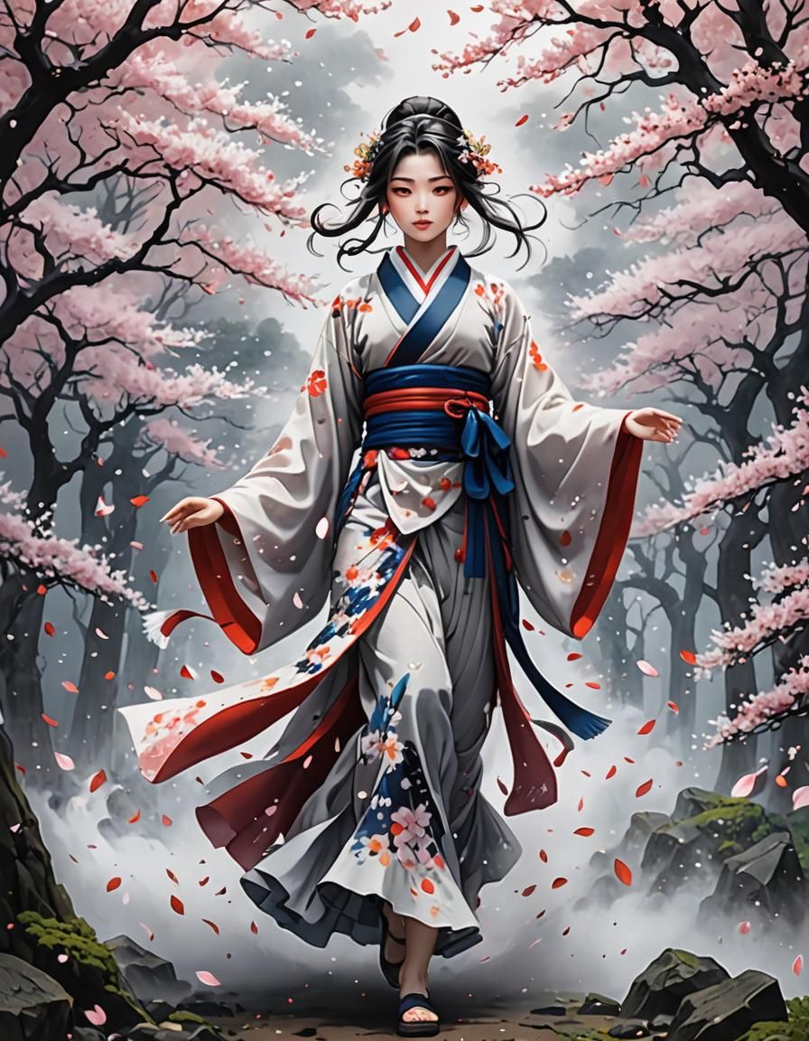 Magical Woman Emerges from Blossoms in Anime Style