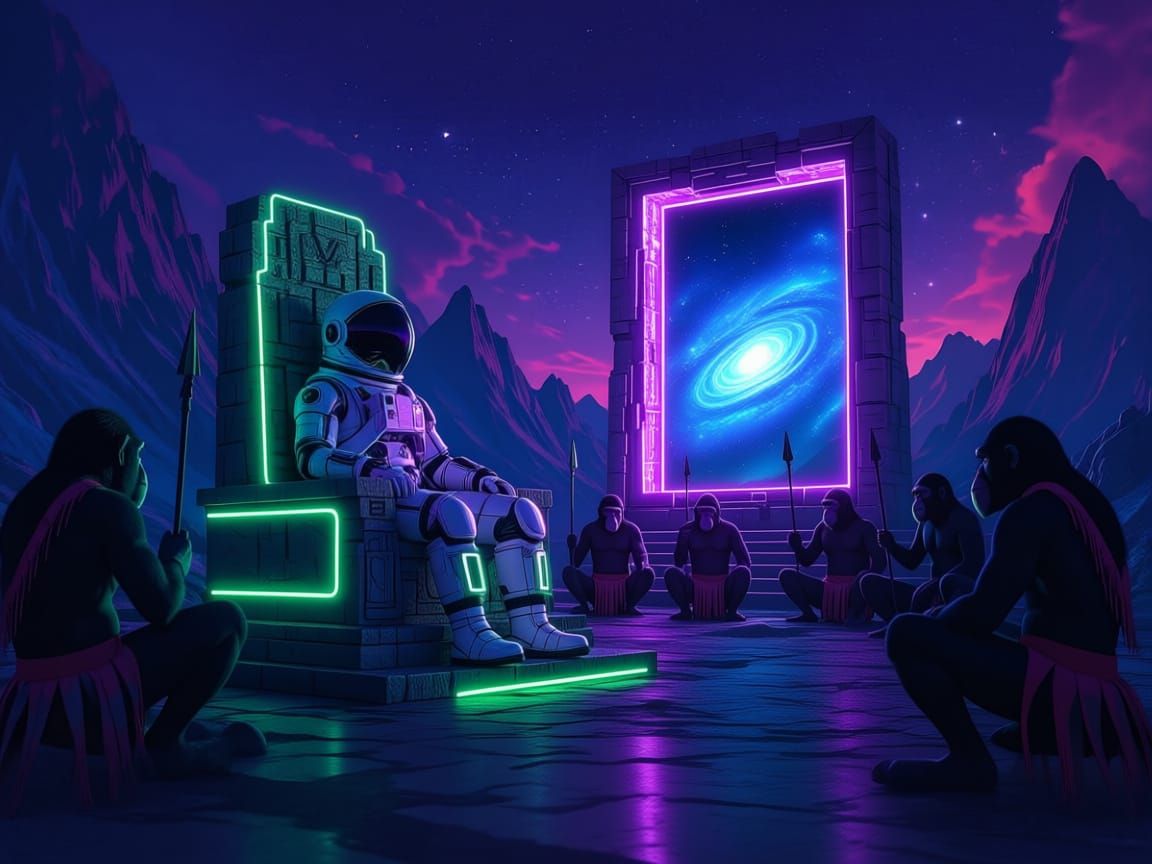 Neon Astronaut King Worshipped by Apes