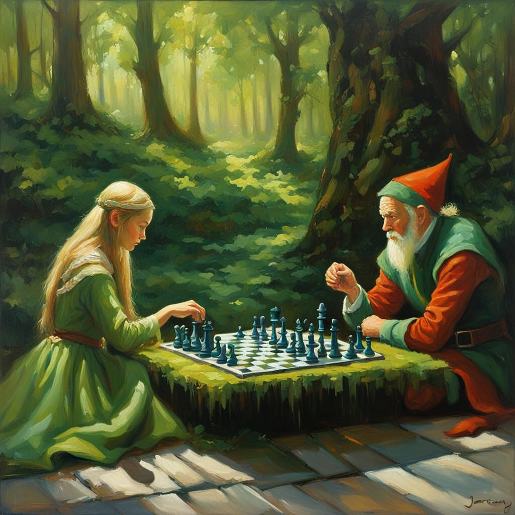 Elf and Sprite Playing Chess: Oil Painting