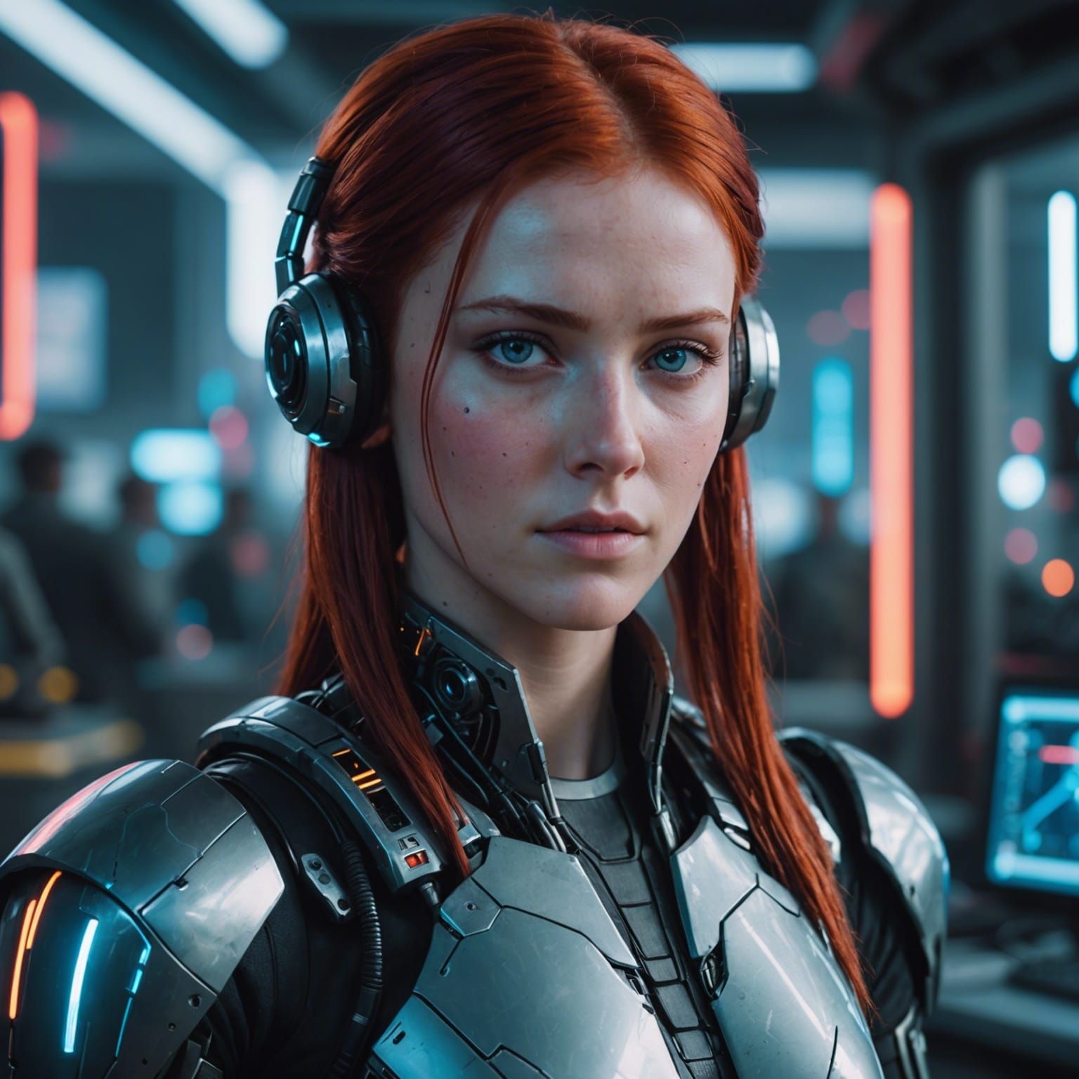 Cyberpunk Robot Girl with Red Hair and Blue Eyes