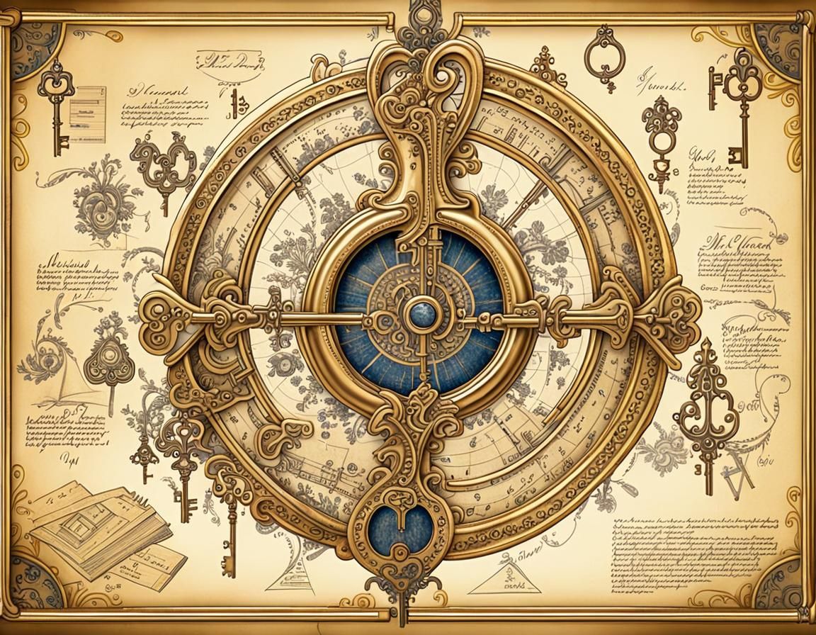 Ornate Keys and Parchment in Watercolor Style