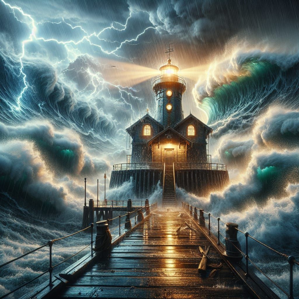 Steampunk Lighthouse in a Pier Storm