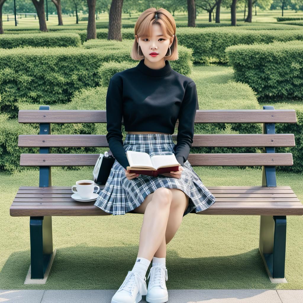 Yoo Jeongyeon Reading in Park: Hyperrealistic Portrait