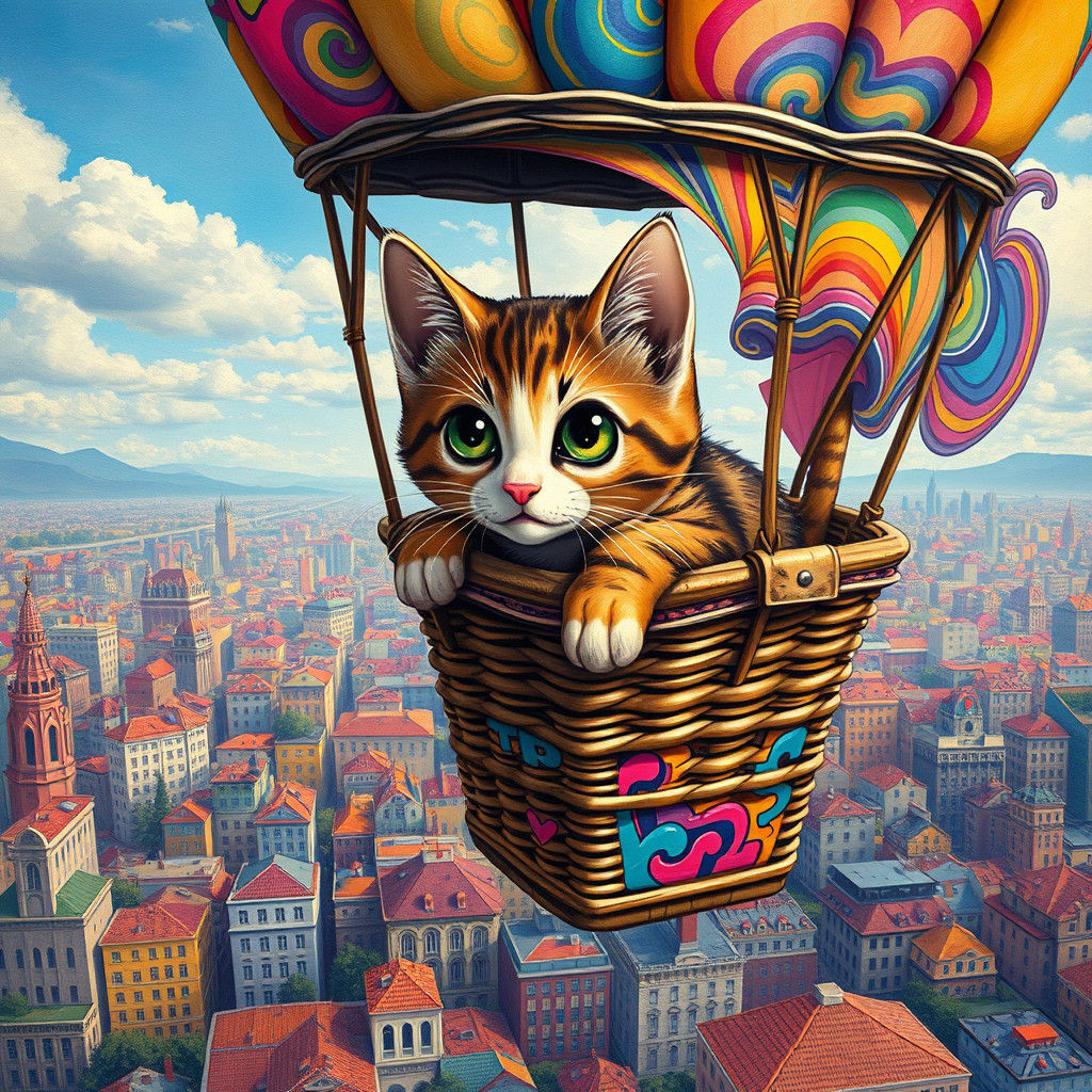 Whimsical Cat in Hot Air Balloon, Digital Art