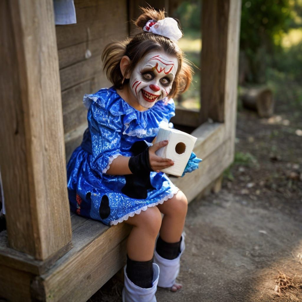Creepy Zombie Toddler Smiles in Old Outhouse