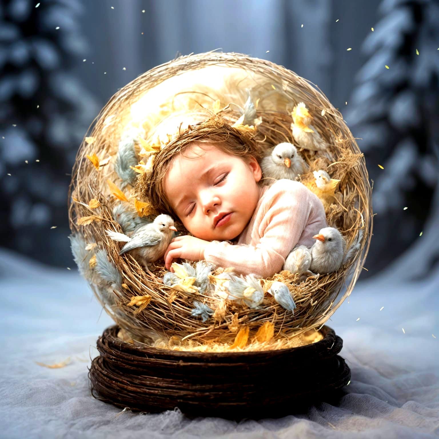 Baby angel sleeping in birds nest