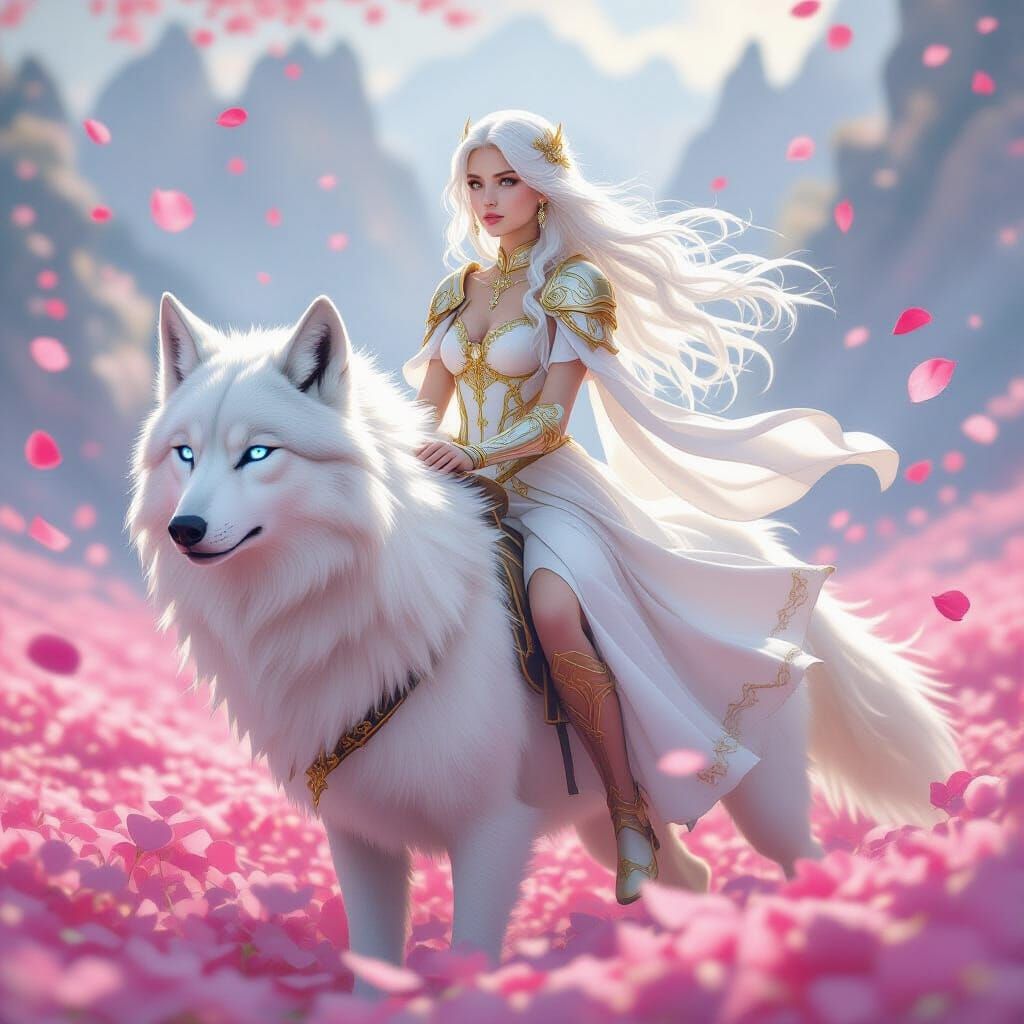 Woman Rides White Wolf in Ethereal Fantasy Art