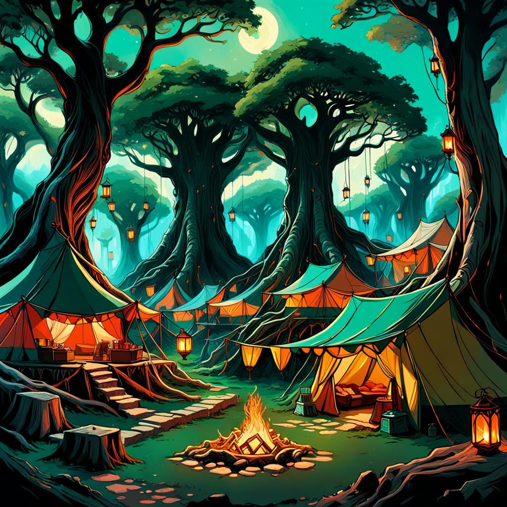 Fantasy Encampment Concept Art in Emerald and Amber