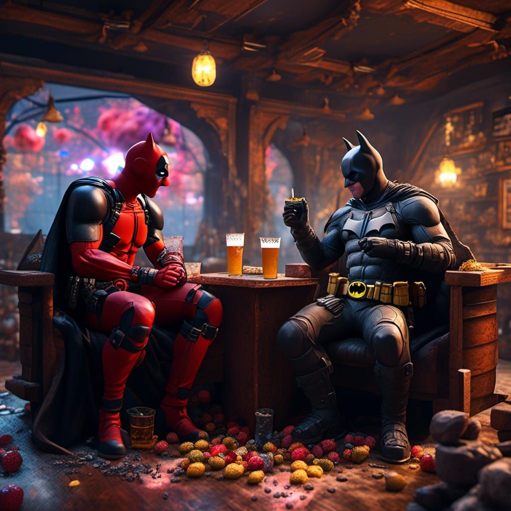 Batman and Deadpool in a Hyperrealistic Sweat Lounge