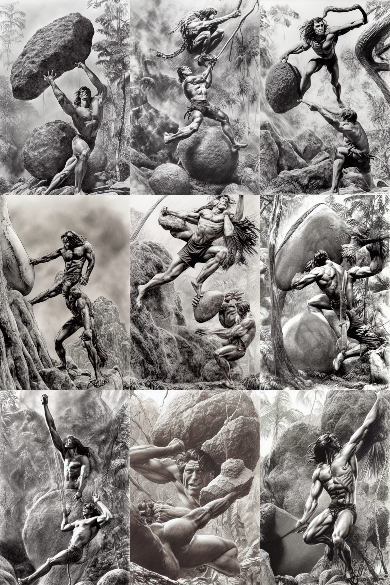Tarzan Throws Boulder: Hyperdetailed Airbrush Jungle Scene