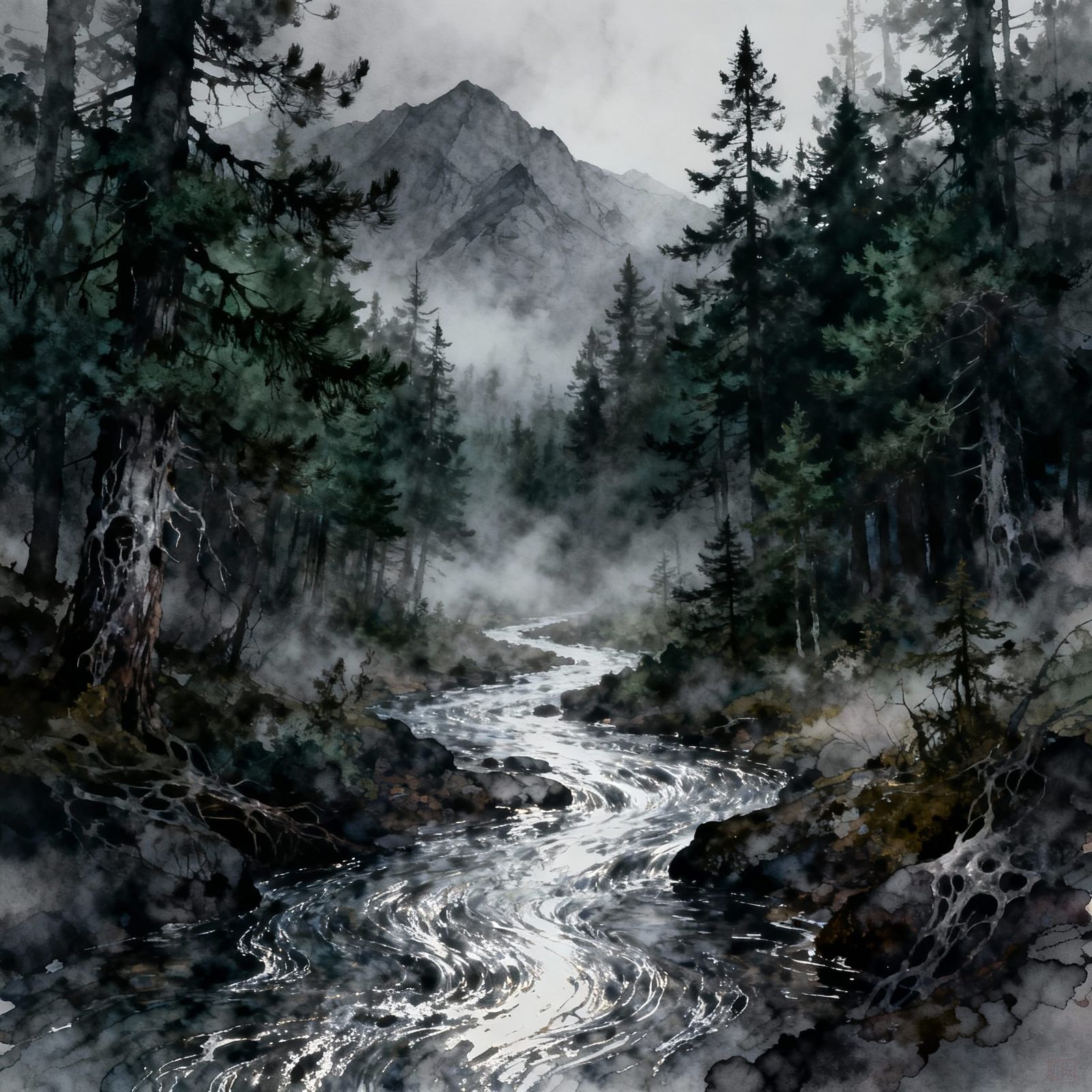 Silver Stream Through Misty Pines and Mountains