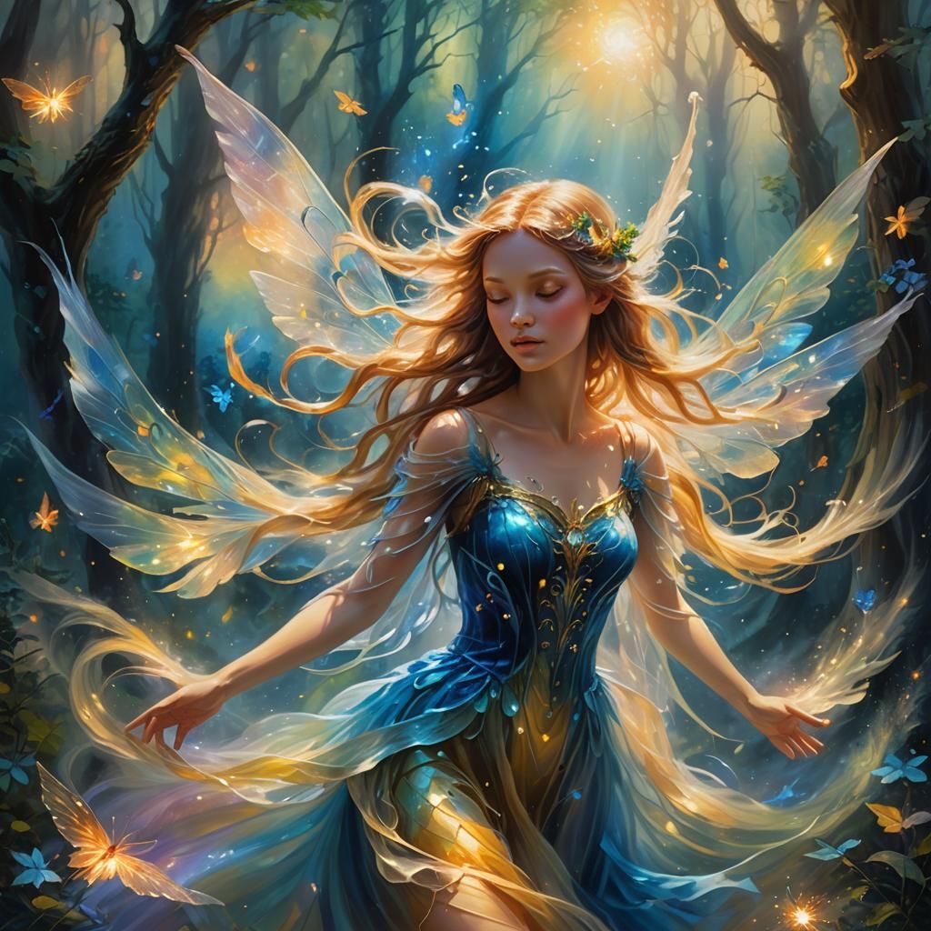 Glowing Fairy in Ethereal Forest: Oil Painting