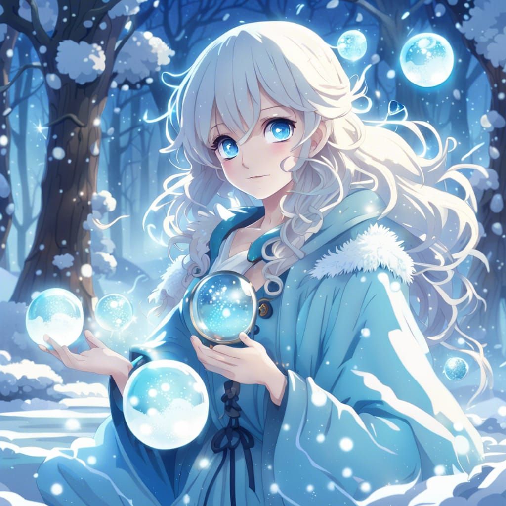 Anime Woman Playing with Ice on Frozen Lake