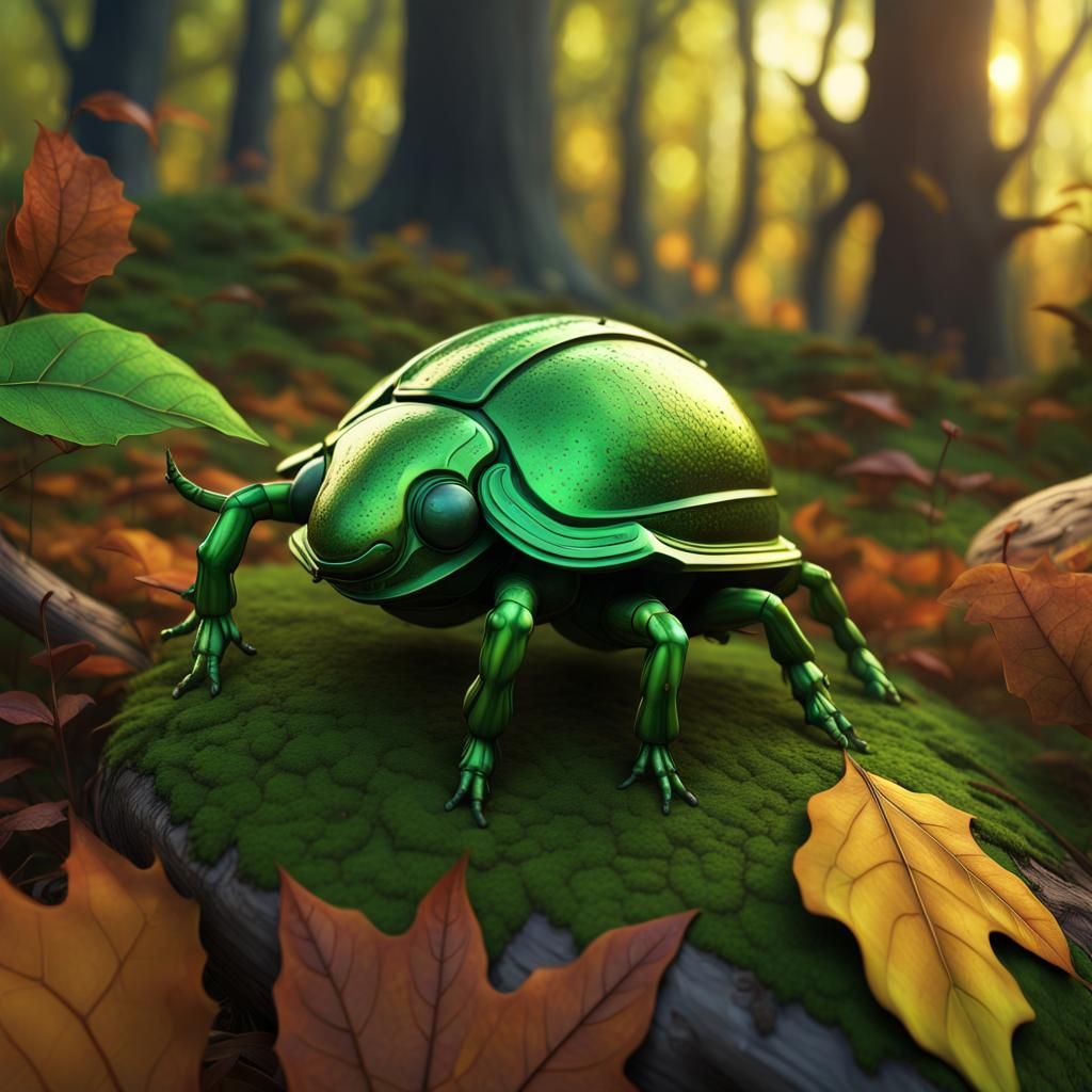 Hyperdetailed Green Beetle in Autumn Forest