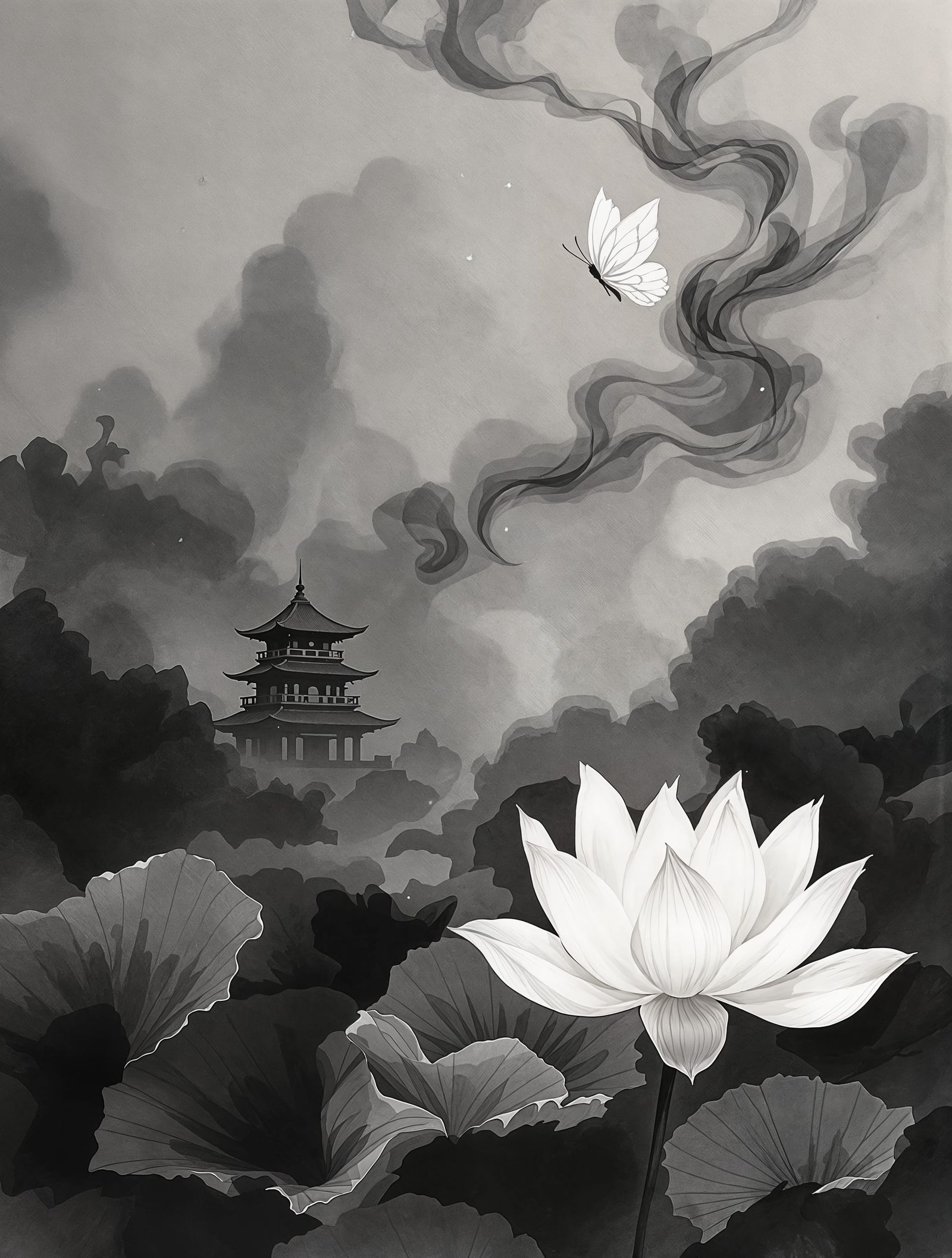 Misty Pagoda Lotus Bloom in Chinese Ink Painting Style