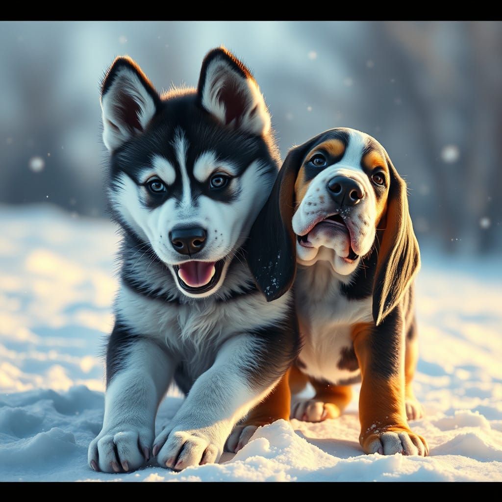 Dynamic Husky and Basset Hound Portrait in Triadic Colors