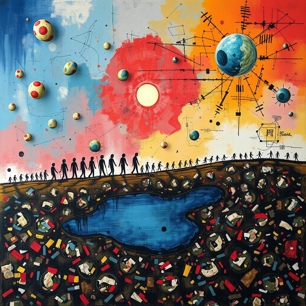 Surreal Procession in Tempera Painting with Scribbled Detail...