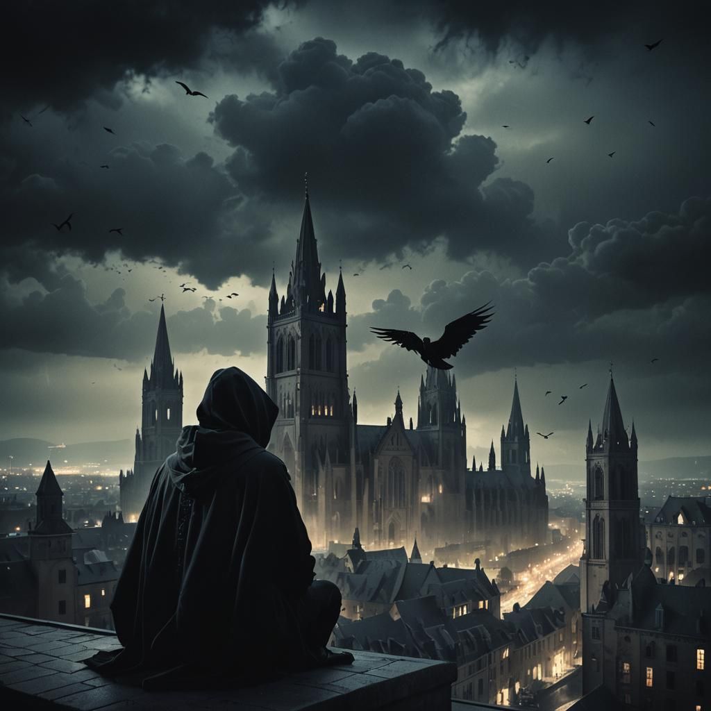 Gothic Raven Guardian Over Dark Cityscape