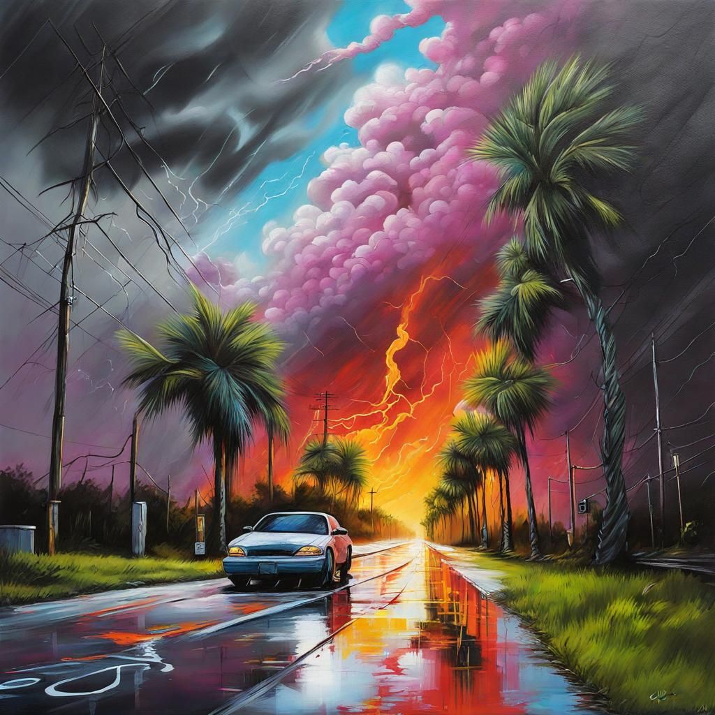 Florida Beach Road in Storm, Graffiti Street Art