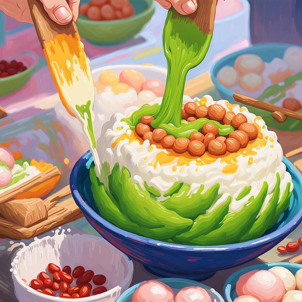 Matcha Snow Ice Culinary Illustration in Impasto Style