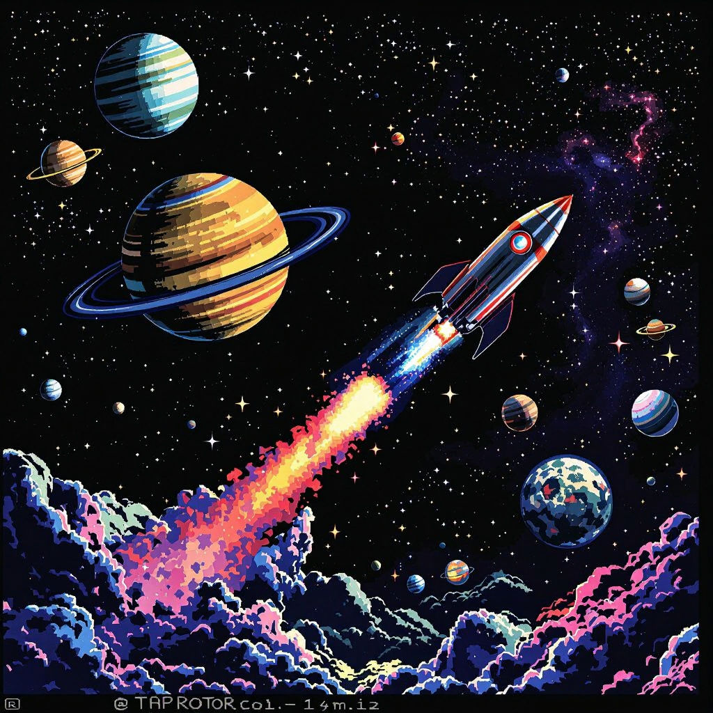 Retro 8-Bit Rocket Soaring Through Space