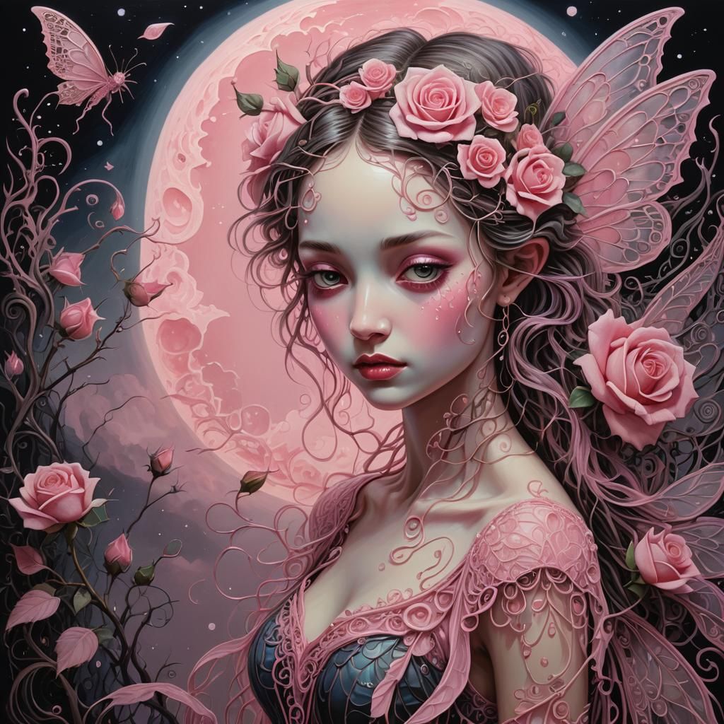 Glowing Rose Fairy in Surrealist Oil Painting