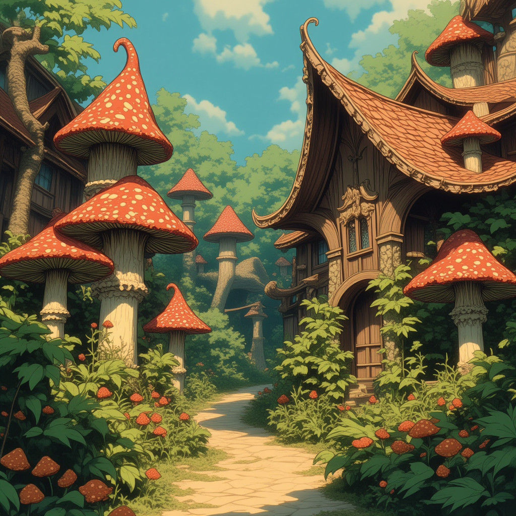 Mushroom Village in a Whimsical Folk-Art Style
