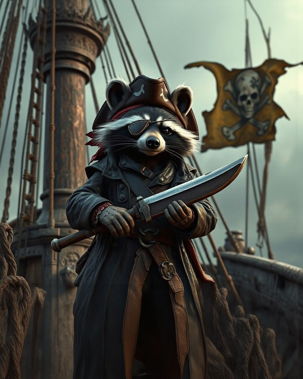 Mischievous Raccoon Pirate on Ship, Gothic Art