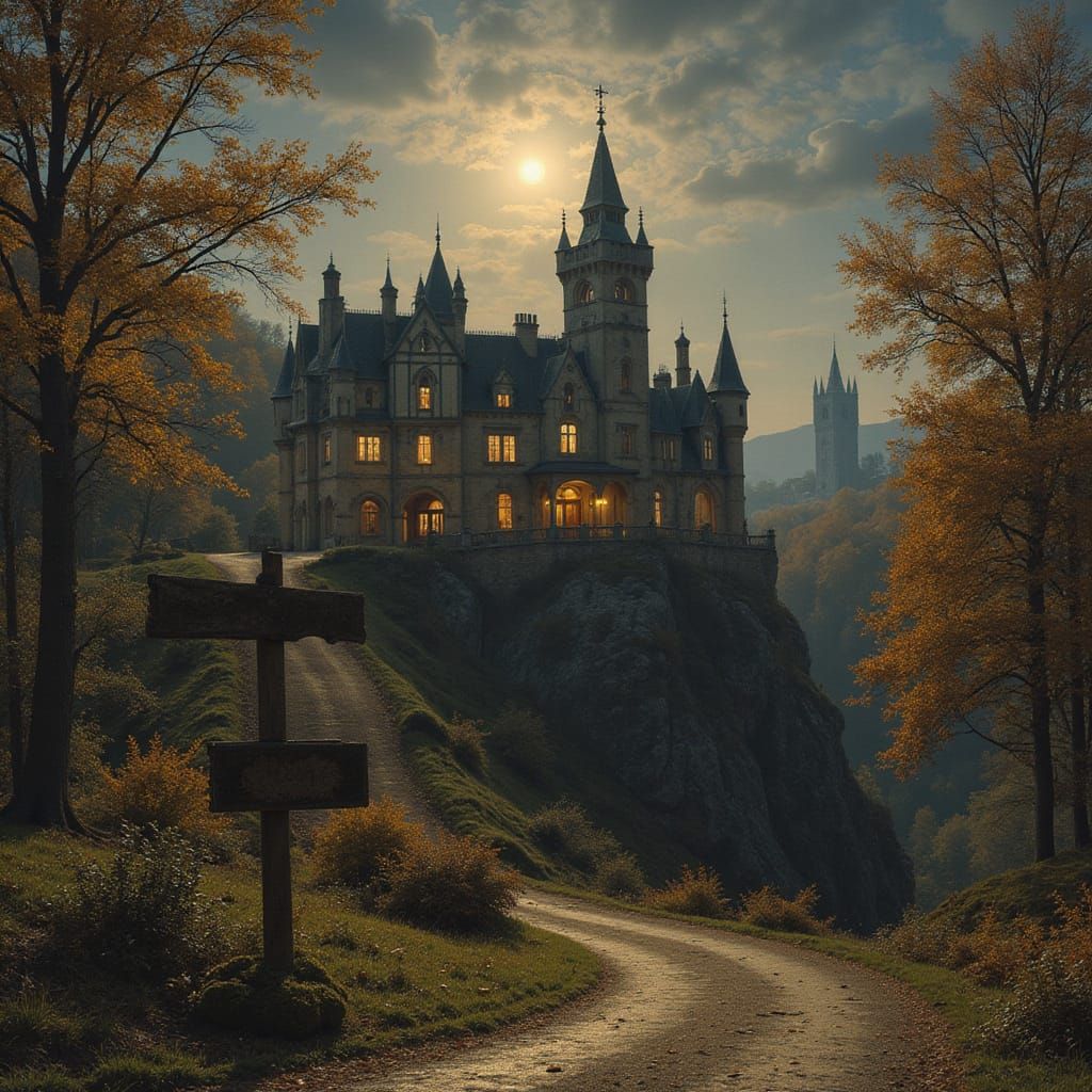 Tudor Manor House Amidst Autumnal Forest, Night Scene, in Ch...