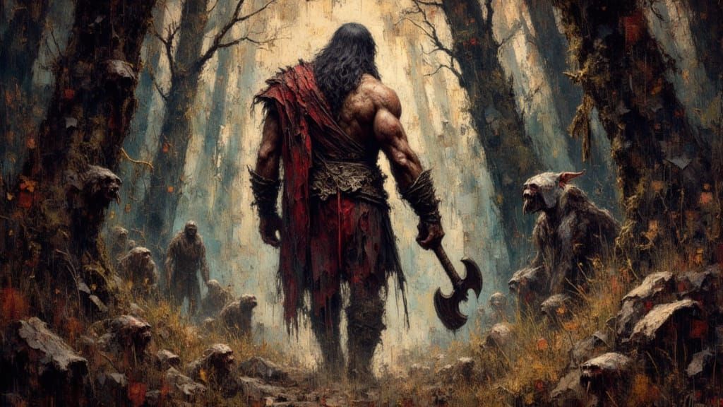 Barbarian in Tolkienesque Forest, Frazetta Style