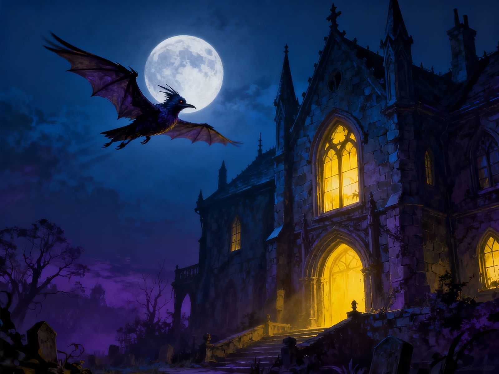 Great Crested Snit Flies From Gothic Mansion Under Waning Mo...