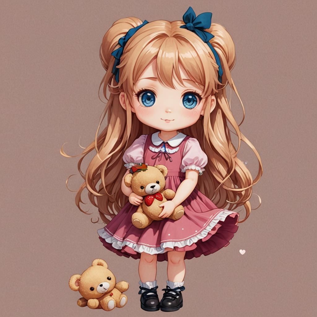 Chibi Girl with Teddy Bear in Pink Dress