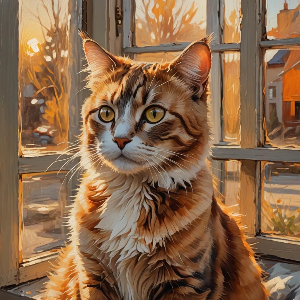 Impressionist Oil Painting of a Cat in Window