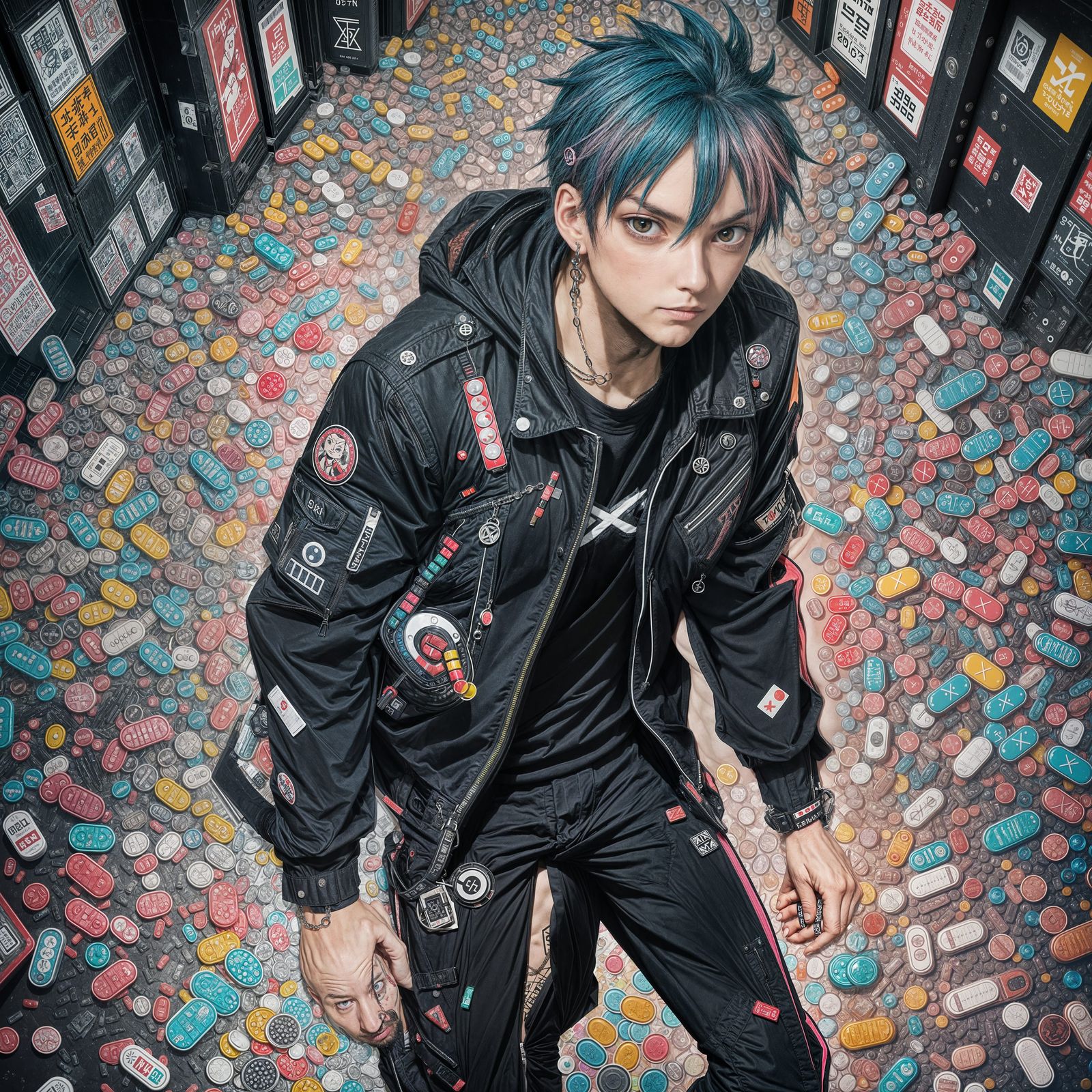 Punk Album Cover with Pills in Anime Style