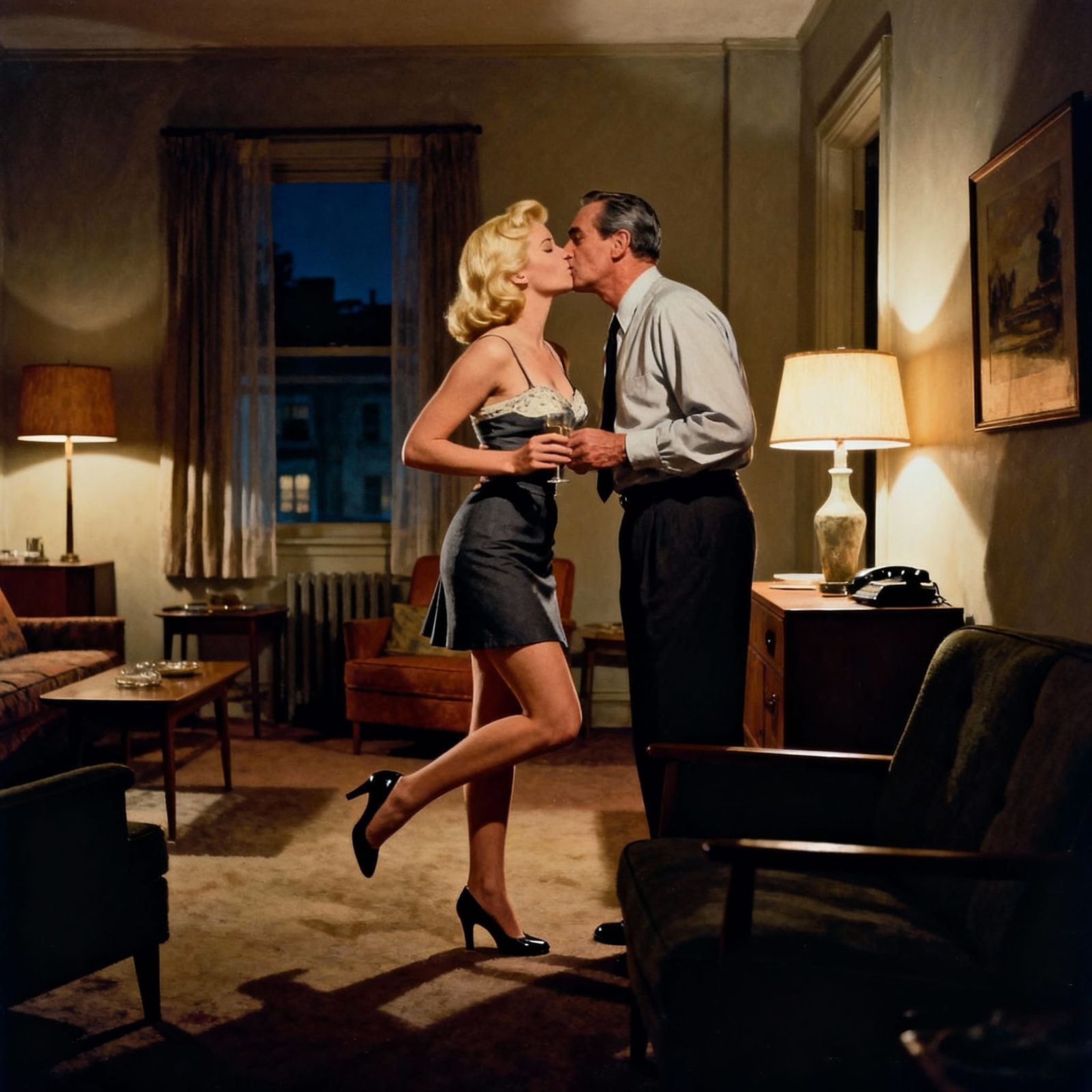 1950s Intimate Scene: Woman and Boss in Apartment