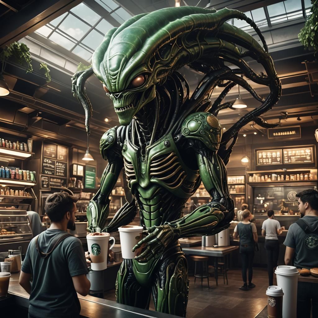 Alien Starbucks Barista: Detailed Fantasy Concept Art