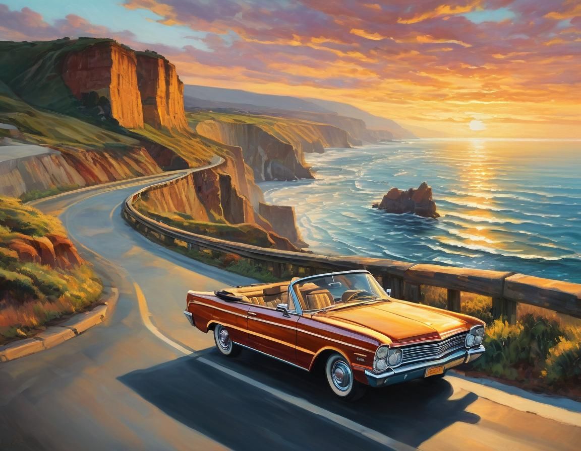 Coastal Road Trip in Golden Sunset: An Oil Painting