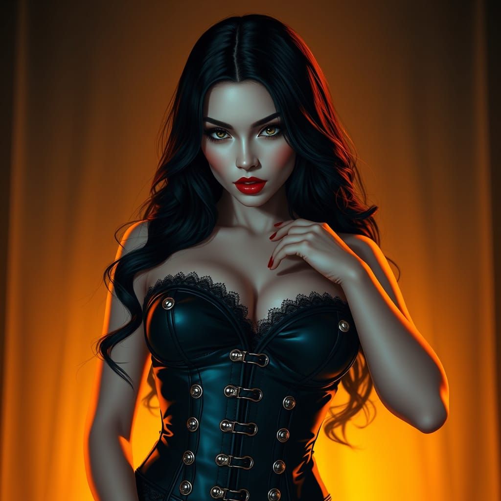 Elegant Woman in Black Leather Corset