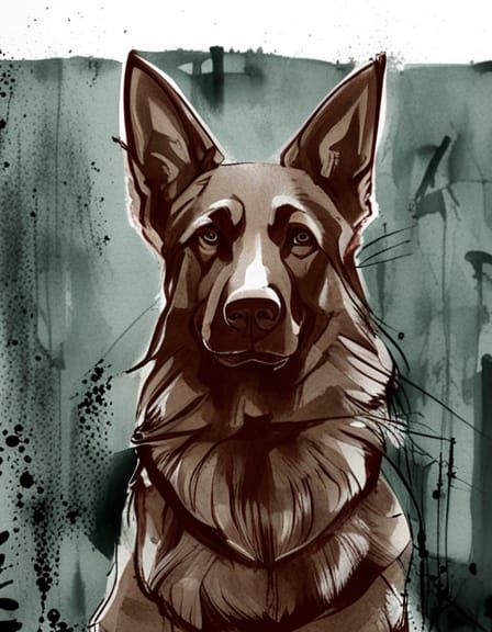 German Shepherd Drawing in Sumi-e Style