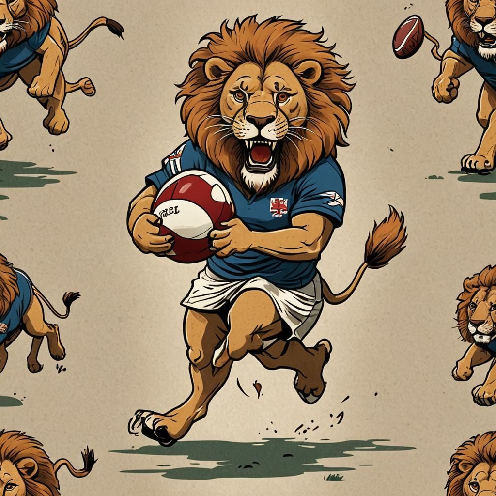 Cartoon Lion Runs with Rugby Ball