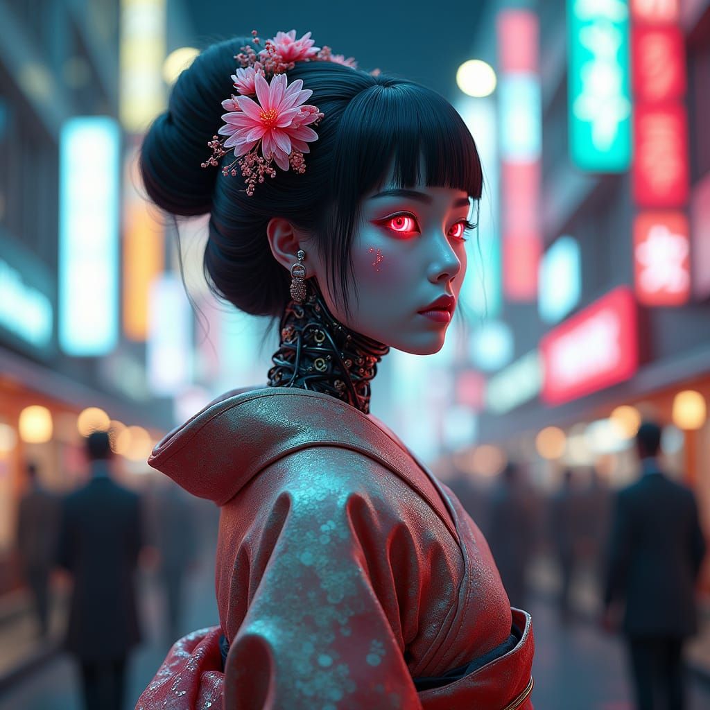 Cyborg Geisha in Futuristic Tokyo: Cyberpunk Art