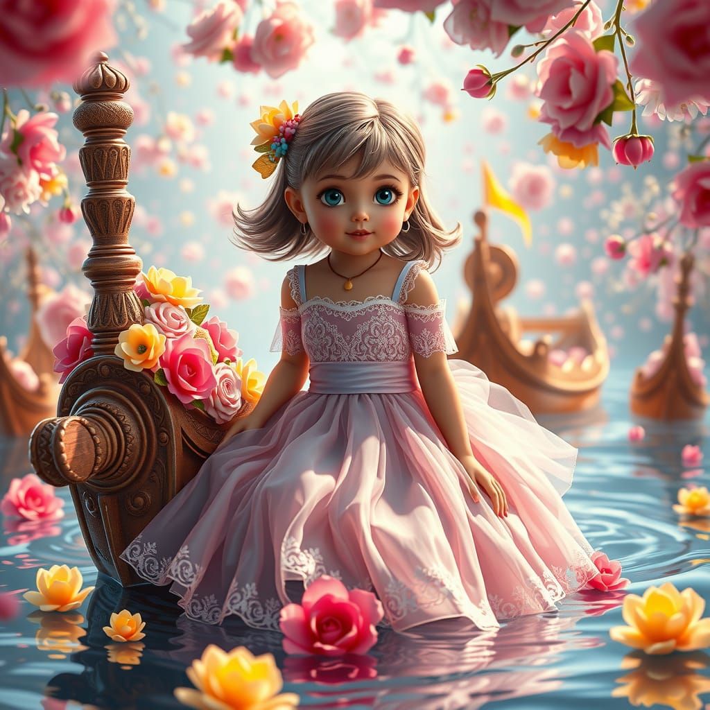 Child Surrounded by Hyperrealistic Flowers in Candy Boat