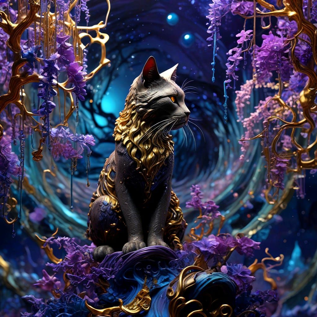 Elegant Chihuly-Style Cat Amidst Glowing Wisteria Vines