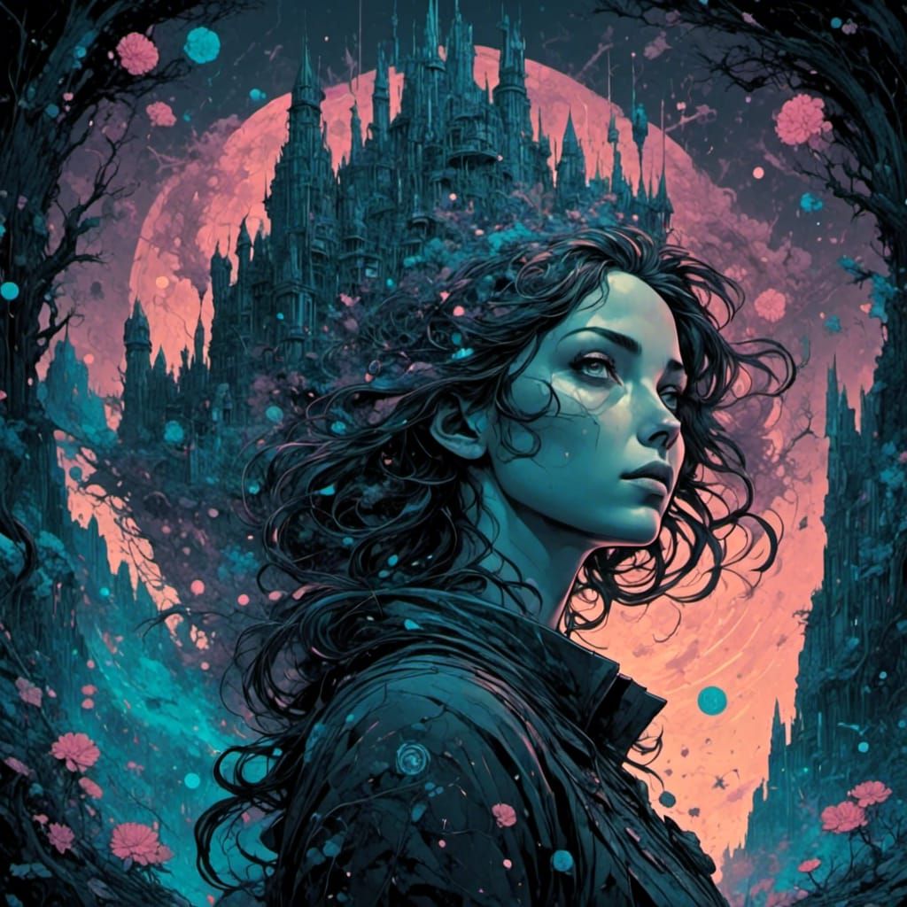 Beautiful Woman in Dark Forest, Digital Art