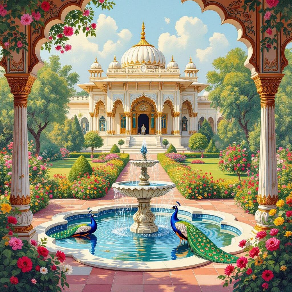 Royal Palace Garden with Peacocks, in Indian Style