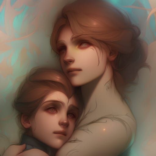 Loving Mother and Daughter Cuddle, Detailed Portrait