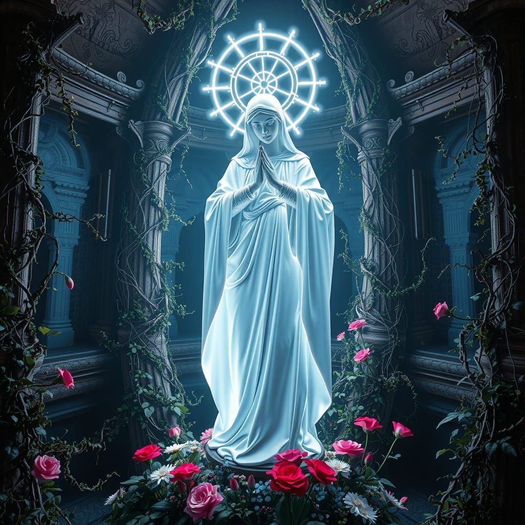 Surreal Goddess in Cyberpunk Cityscape