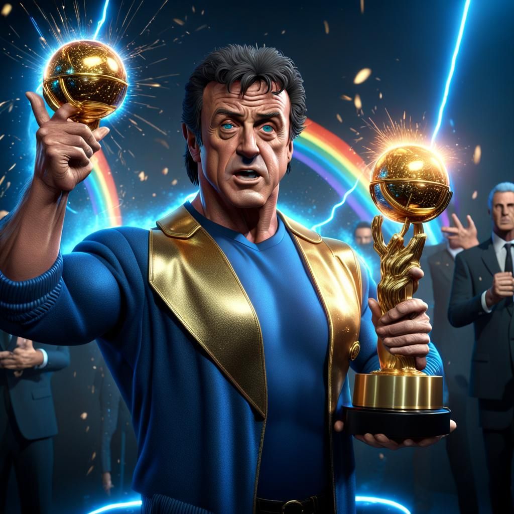 Michael Sylvester “Sly” Stallone holding up the golden globe awards ,ultra real,realistic,sparks rainbows  ,neon glowing...