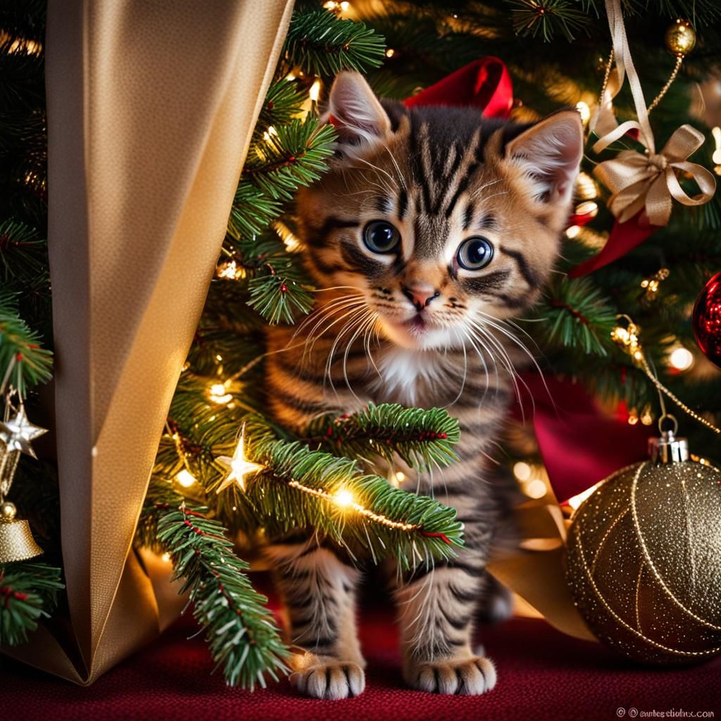 Cute Kitten Hides in Christmas Tree